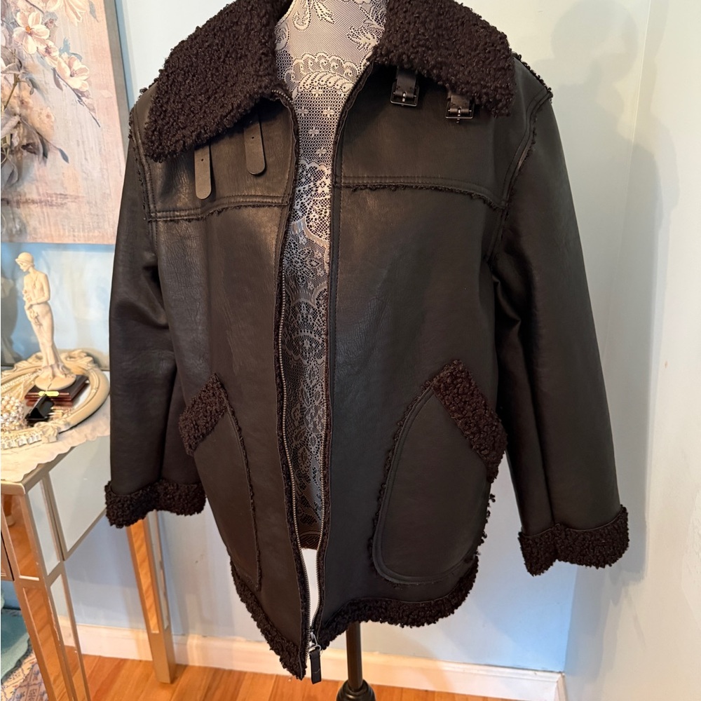 Max Studio Dark Black Shearling Jacket - image 2